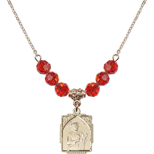 14kt Gold Filled Saint Jude Birthstone Necklace with Ruby Beads - 0804