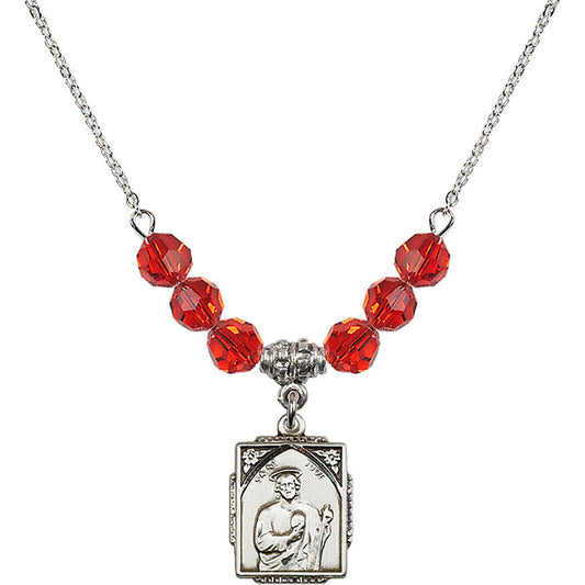 Sterling Silver Saint Jude Birthstone Necklace with Ruby Beads - 0804