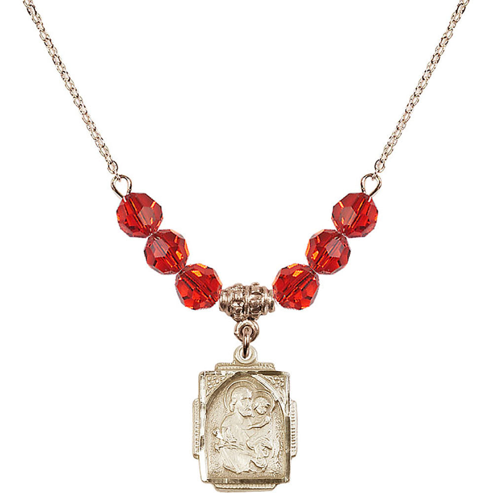 14kt Gold Filled Saint Joseph Birthstone Necklace with Ruby Beads - 0804