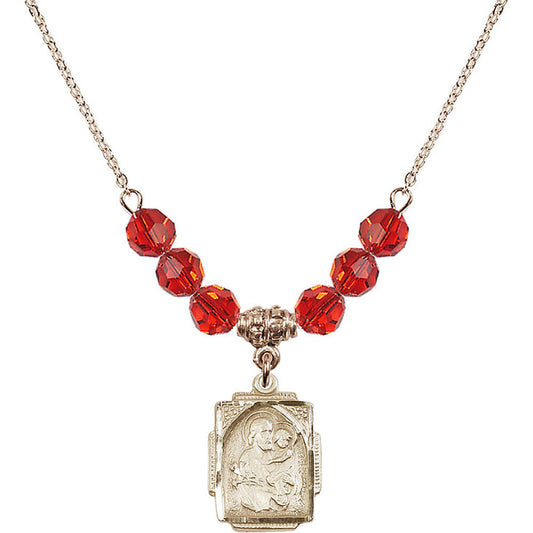 14kt Gold Filled Saint Joseph Birthstone Necklace with Ruby Beads - 0804