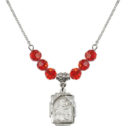 Sterling Silver Saint Joseph Birthstone Necklace with Ruby Beads - 0804