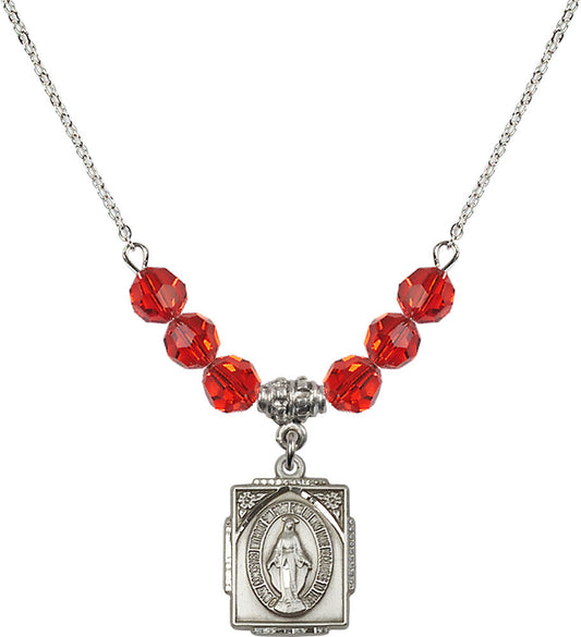 Sterling Silver Miraculous Birthstone Necklace with Ruby Beads - 0804