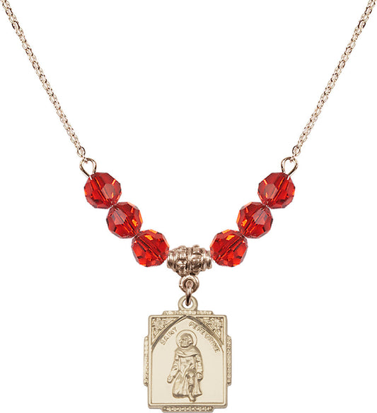 14kt Gold Filled Saint Peregrine Birthstone Necklace with Ruby Beads - 0804