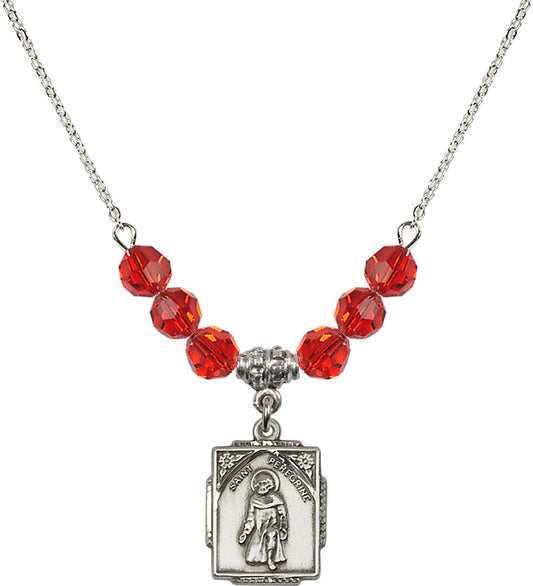 Sterling Silver Saint Peregrine Birthstone Necklace with Ruby Beads - 0804