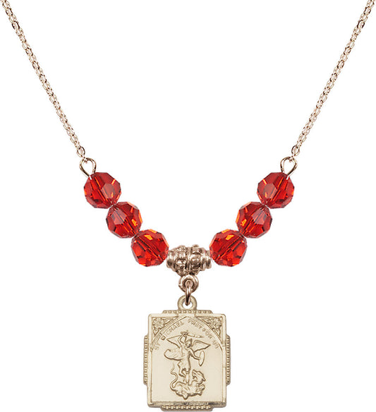 14kt Gold Filled Saint Michael the Archangel Birthstone Necklace with Ruby Beads - 0804
