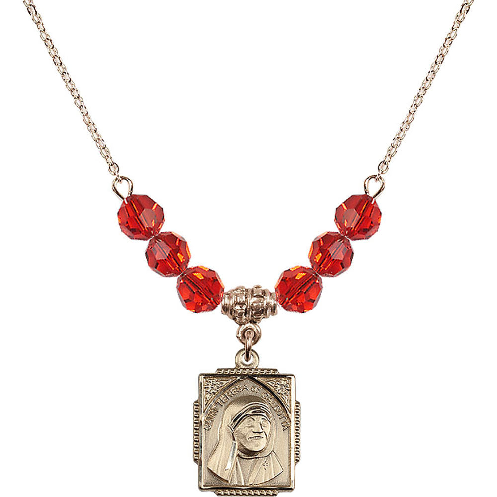 14kt Gold Filled Saint Teresa of Calcutta Birthstone Necklace with Ruby Beads - 0804