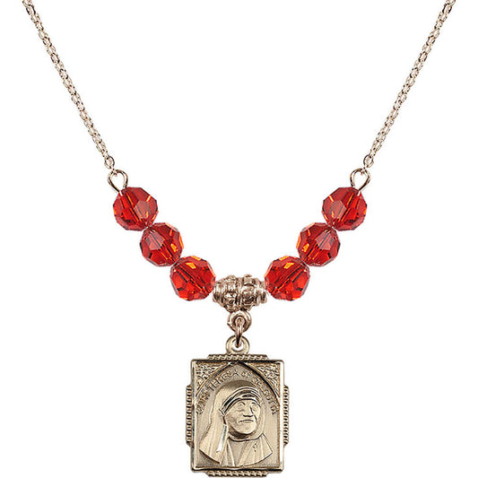 14kt Gold Filled Saint Teresa of Calcutta Birthstone Necklace with Ruby Beads - 0804