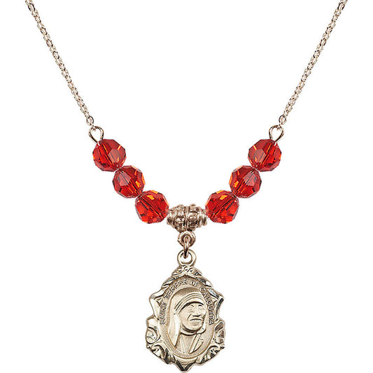14kt Gold Filled Saint Teresa of Calcutta Birthstone Necklace with Ruby Beads - 0812