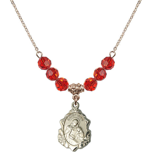 14kt Gold Filled Saint Ann Birthstone Necklace with Ruby Beads - 0822
