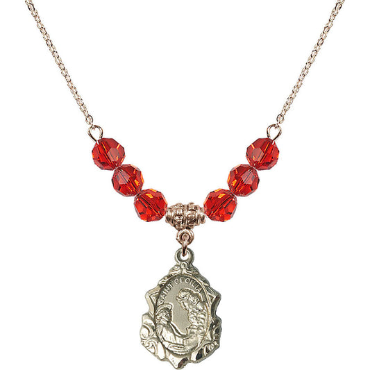 14kt Gold Filled Saint Cecilia Birthstone Necklace with Ruby Beads - 0822