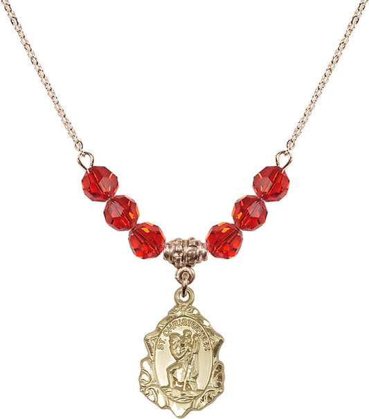 14kt Gold Filled Saint Christopher Birthstone Necklace with Ruby Beads - 0822