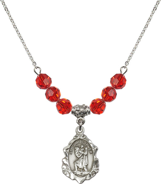 Sterling Silver Saint Christopher Birthstone Necklace with Ruby Beads - 0822