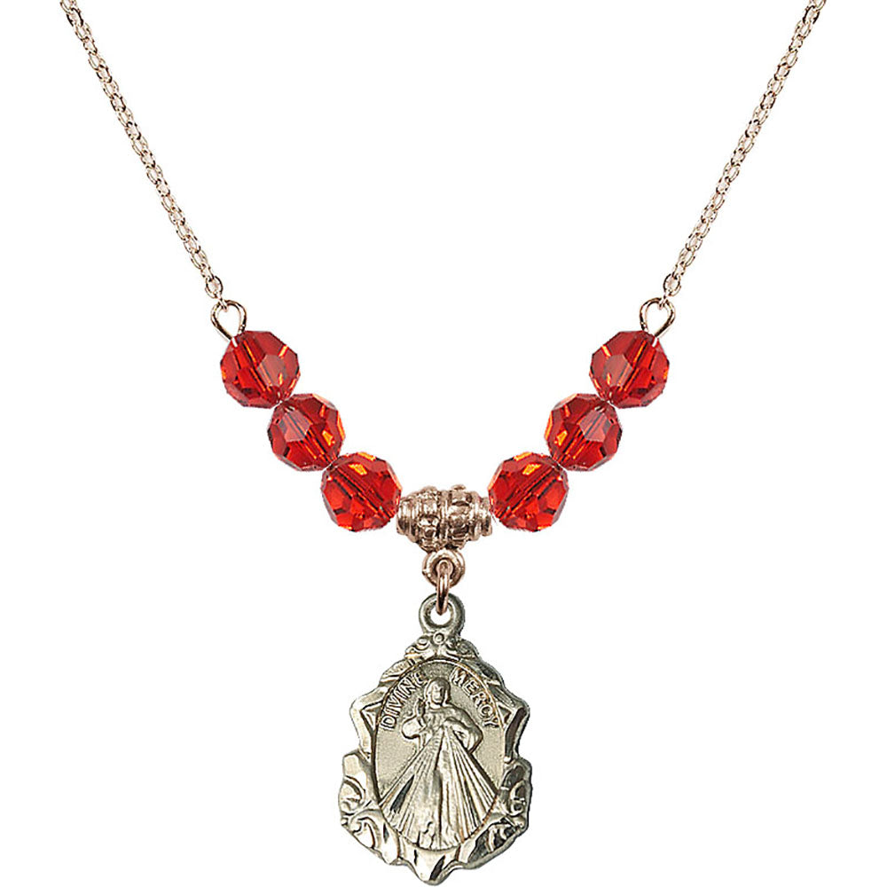 14kt Gold Filled Divine Mercy Birthstone Necklace with Ruby Beads - 0822