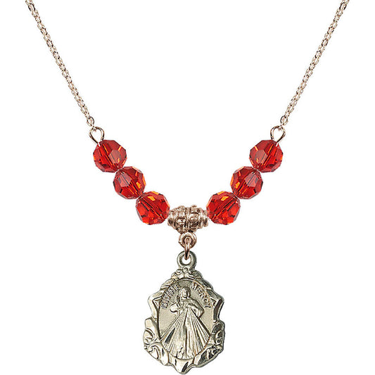 14kt Gold Filled Divine Mercy Birthstone Necklace with Ruby Beads - 0822