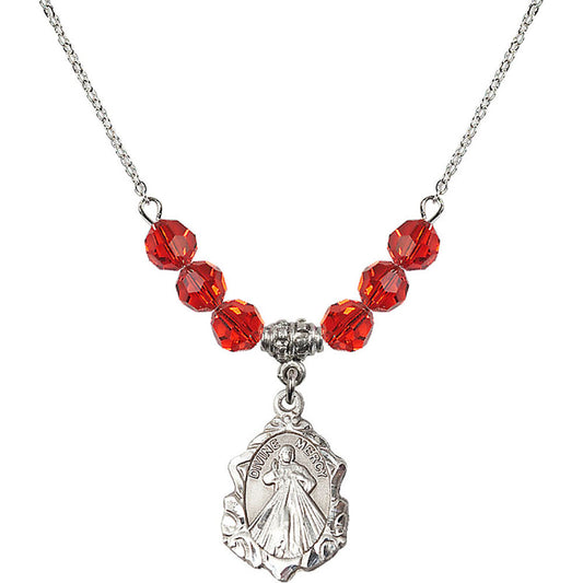 Sterling Silver Divine Mercy Birthstone Necklace with Ruby Beads - 0822