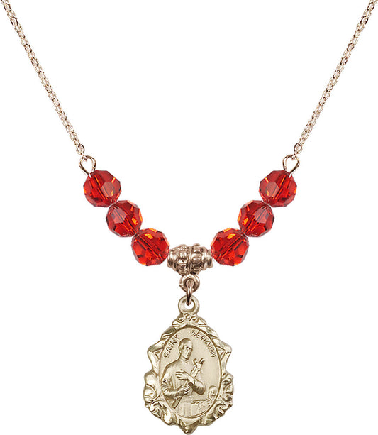 14kt Gold Filled Saint Gerard Birthstone Necklace with Ruby Beads - 0822