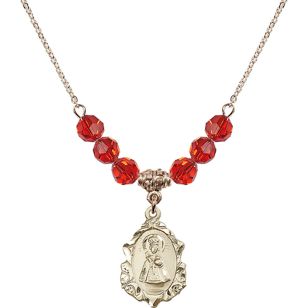 14kt Gold Filled Infant of Prague Birthstone Necklace with Ruby Beads - 0822
