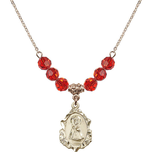 14kt Gold Filled Infant of Prague Birthstone Necklace with Ruby Beads - 0822