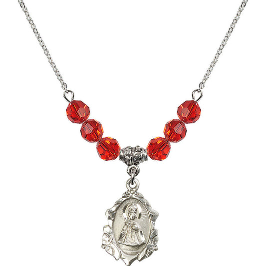 Sterling Silver Infant of Prague Birthstone Necklace with Ruby Beads - 0822