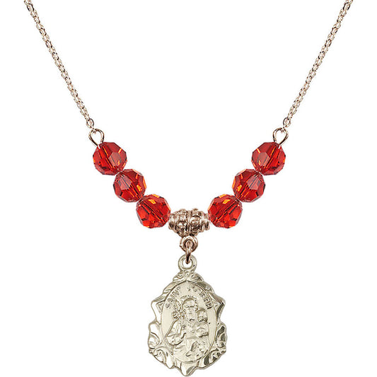 14kt Gold Filled Saint Joseph Birthstone Necklace with Ruby Beads - 0822