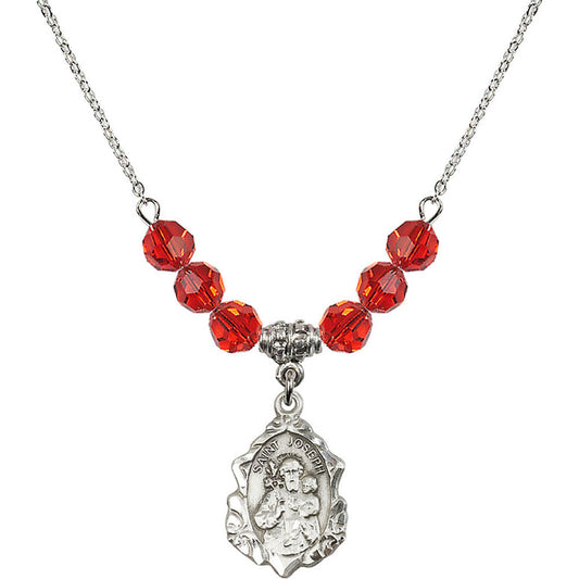 Sterling Silver Saint Joseph Birthstone Necklace with Ruby Beads - 0822
