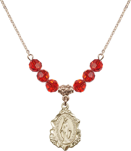 14kt Gold Filled Miraculous Birthstone Necklace with Ruby Beads - 0822