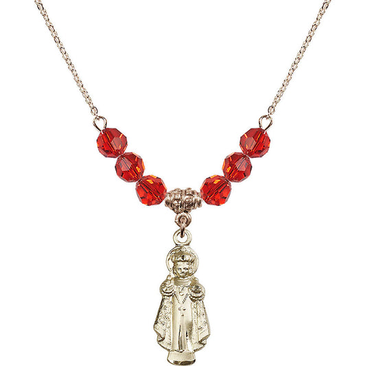 14kt Gold Filled Infant of Prague Birthstone Necklace with Ruby Beads - 0824