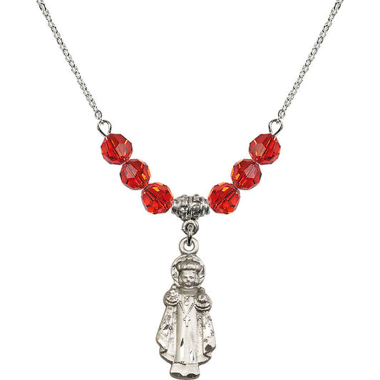 Sterling Silver Infant of Prague Birthstone Necklace with Ruby Beads - 0824