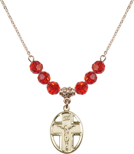 14kt Gold Filled Crucifix Birthstone Necklace with Ruby Beads - 0878