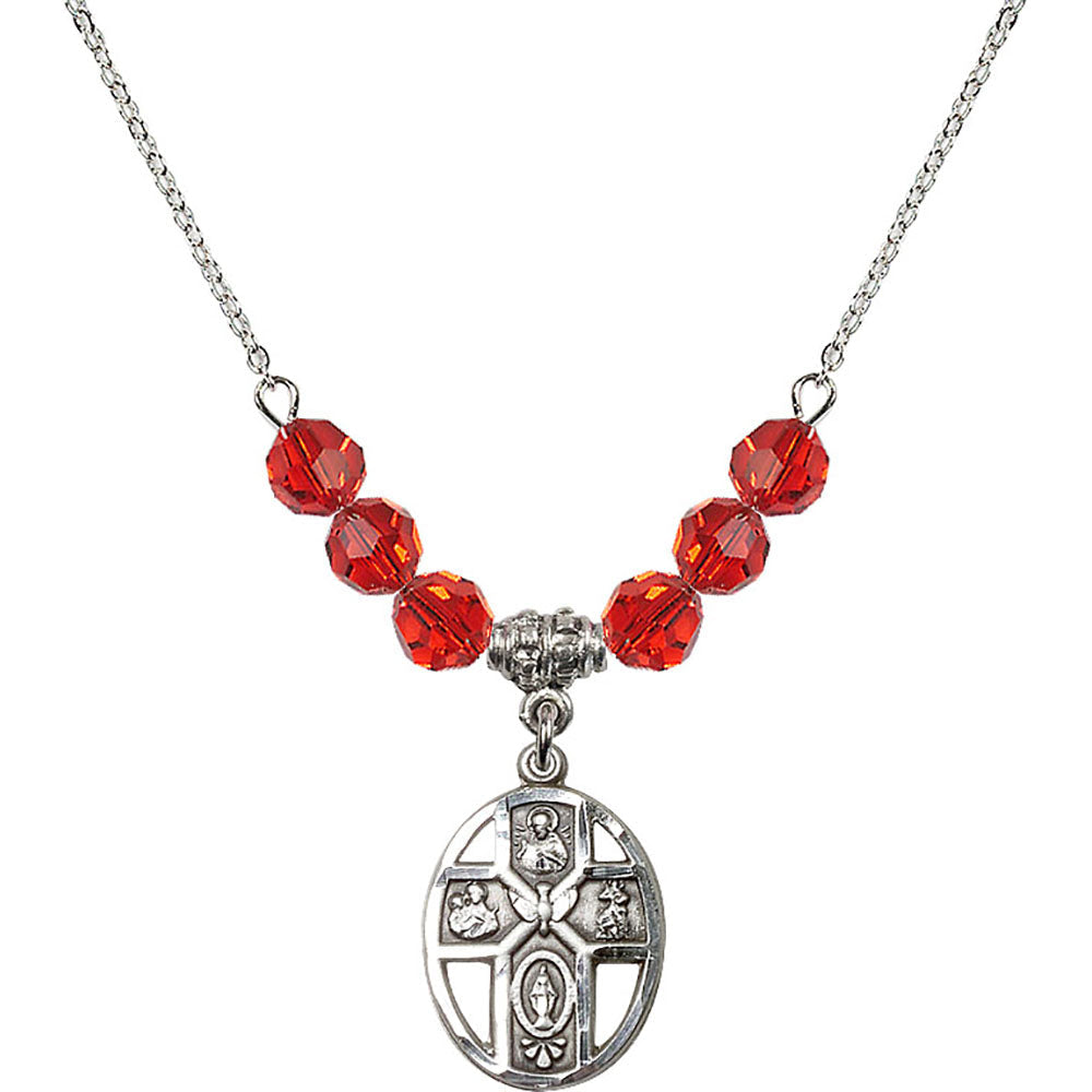 Sterling Silver 5-Way / Holy Spirit Birthstone Necklace with Ruby Beads - 0880