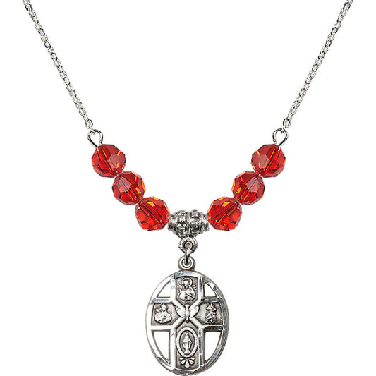 Sterling Silver 5-Way / Holy Spirit Birthstone Necklace with Ruby Beads - 0880