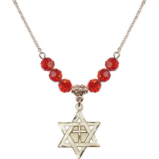 14kt Gold Filled Star of David w/ Cross Birthstone Necklace with Ruby Beads - 1210