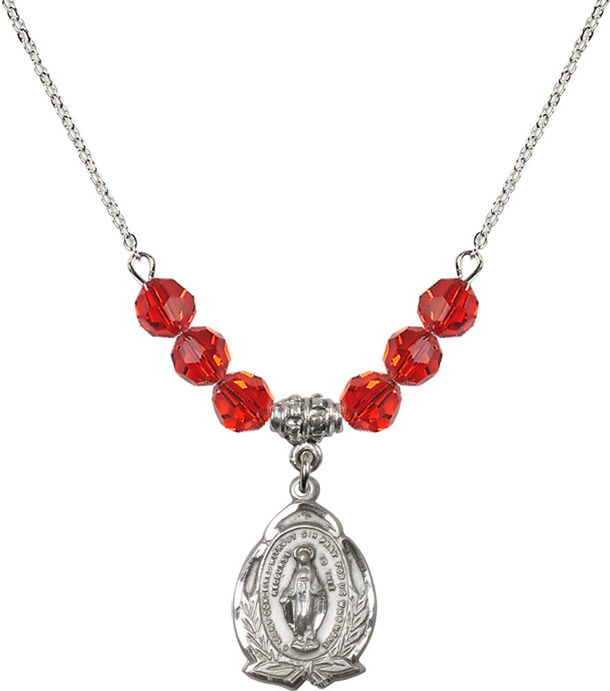 Sterling Silver Miraculous Birthstone Necklace with Ruby Beads - 1481
