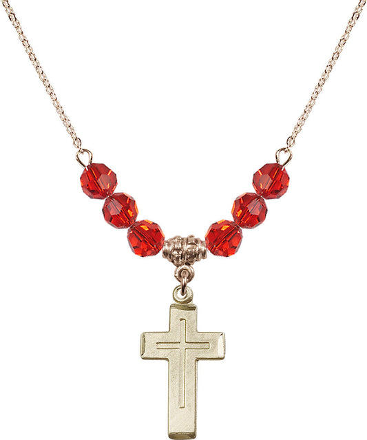 14kt Gold Filled Cross Birthstone Necklace with Ruby Beads - 1529