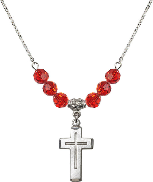 Sterling Silver Cross Birthstone Necklace with Ruby Beads - 1529