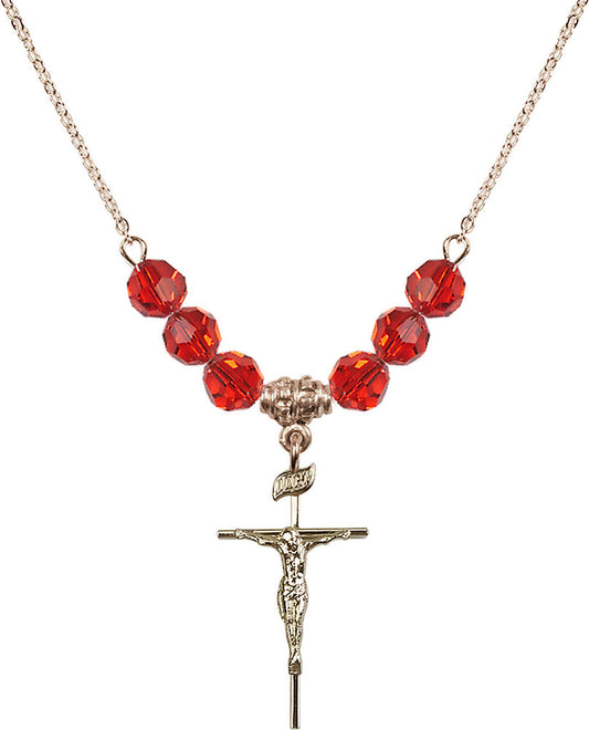 14kt Gold Filled Crucifix Birthstone Necklace with Ruby Beads - 1535