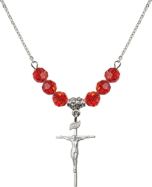 Sterling Silver Crucifix Birthstone Necklace with Ruby Beads - 1535