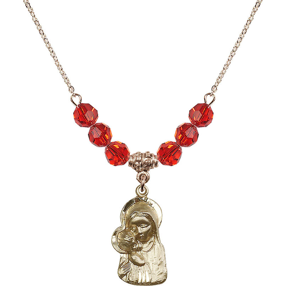 14kt Gold Filled Madonna & Child Birthstone Necklace with Ruby Beads - 1612