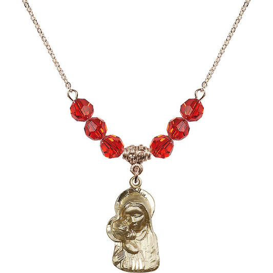 14kt Gold Filled Madonna & Child Birthstone Necklace with Ruby Beads - 1612