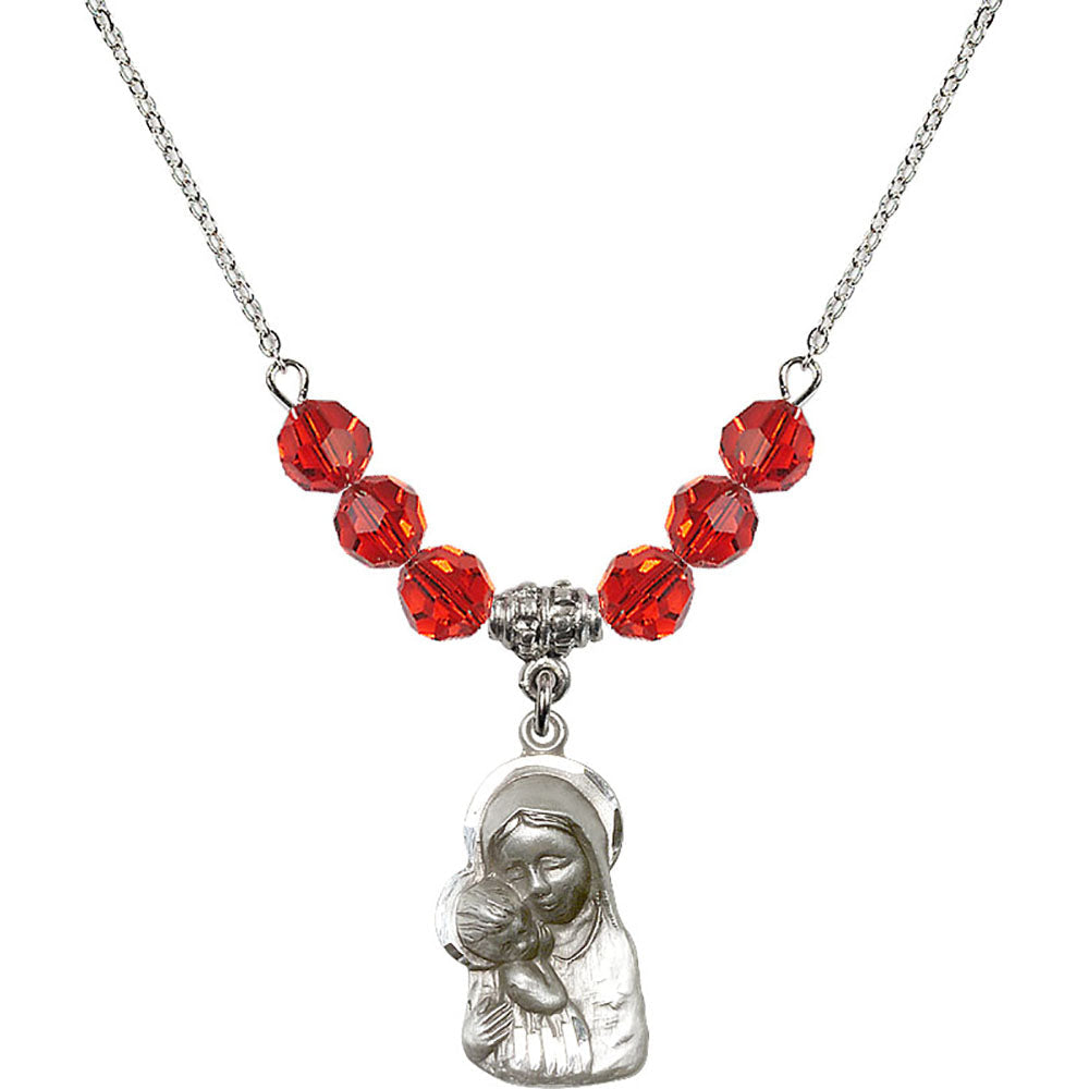 Sterling Silver Madonna & Child Birthstone Necklace with Ruby Beads - 1612