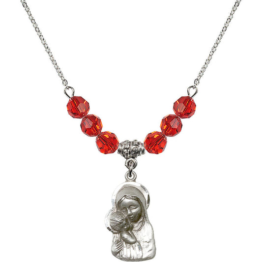 Sterling Silver Madonna & Child Birthstone Necklace with Ruby Beads - 1612