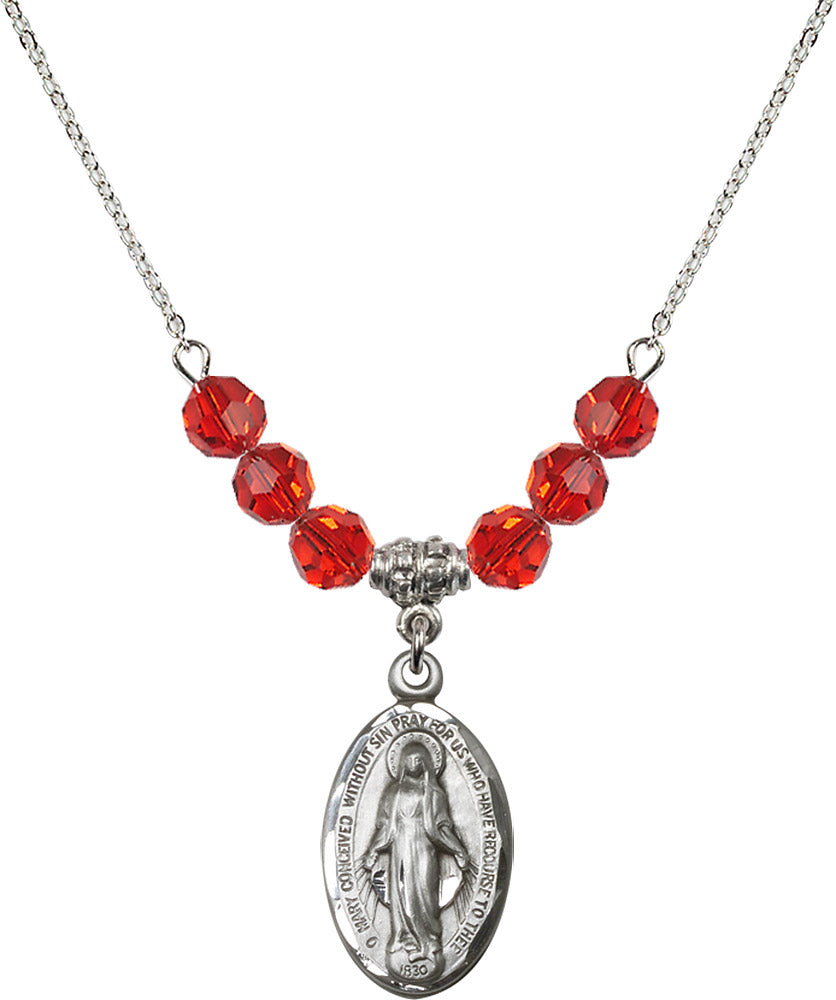 Sterling Silver Miraculous Birthstone Necklace with Ruby Beads - 1615