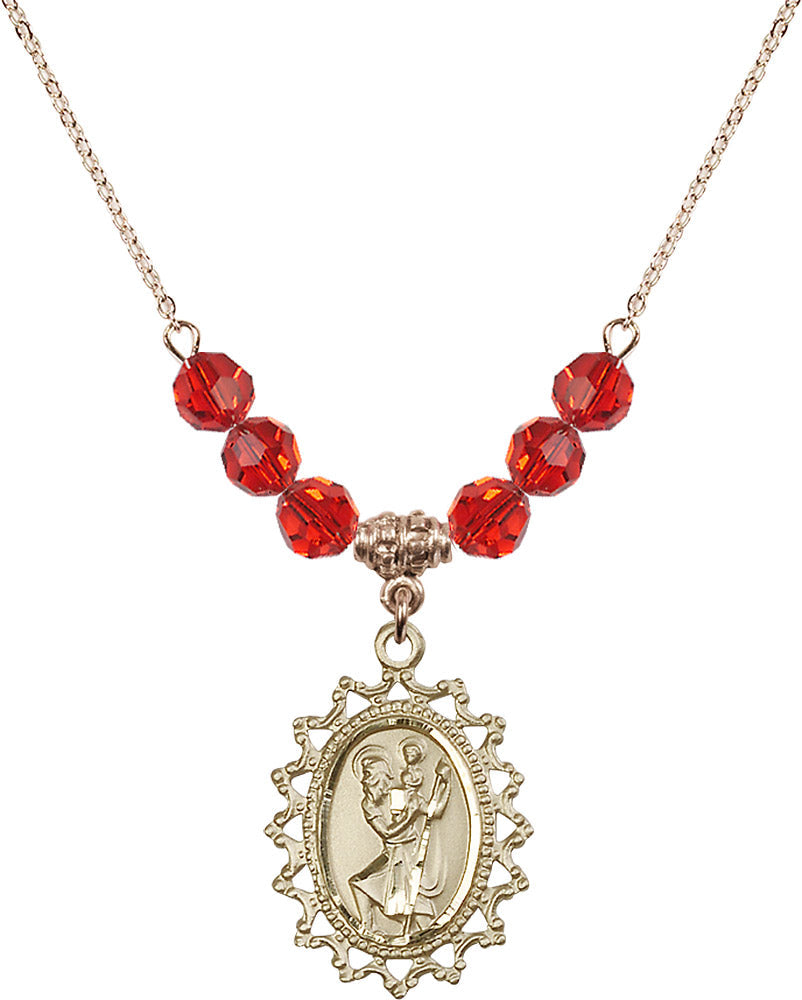 14kt Gold Filled Saint Christopher Birthstone Necklace with Ruby Beads - 1619