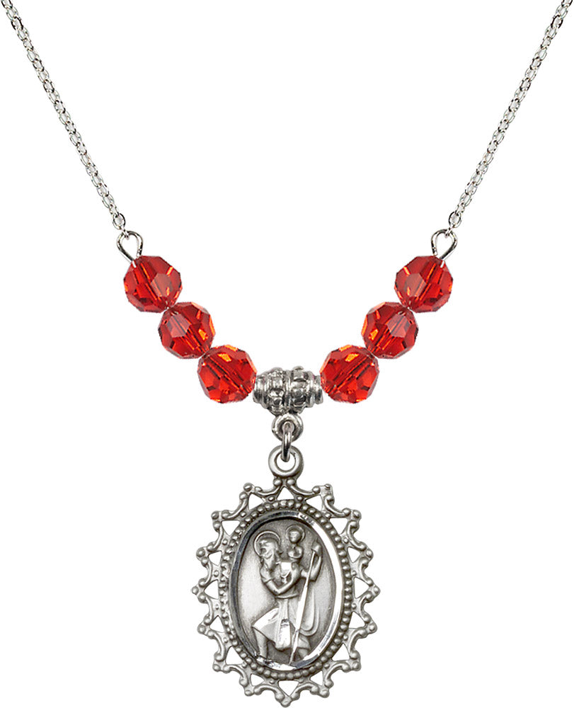 Sterling Silver Saint Christopher Birthstone Necklace with Ruby Beads - 1619