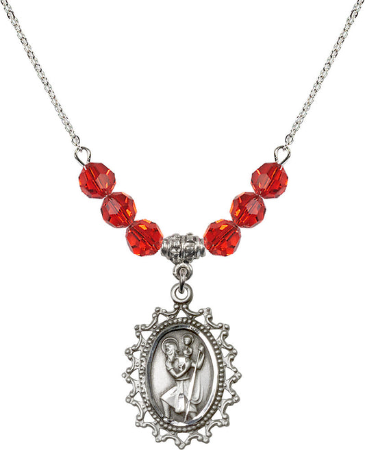 Sterling Silver Saint Christopher Birthstone Necklace with Ruby Beads - 1619