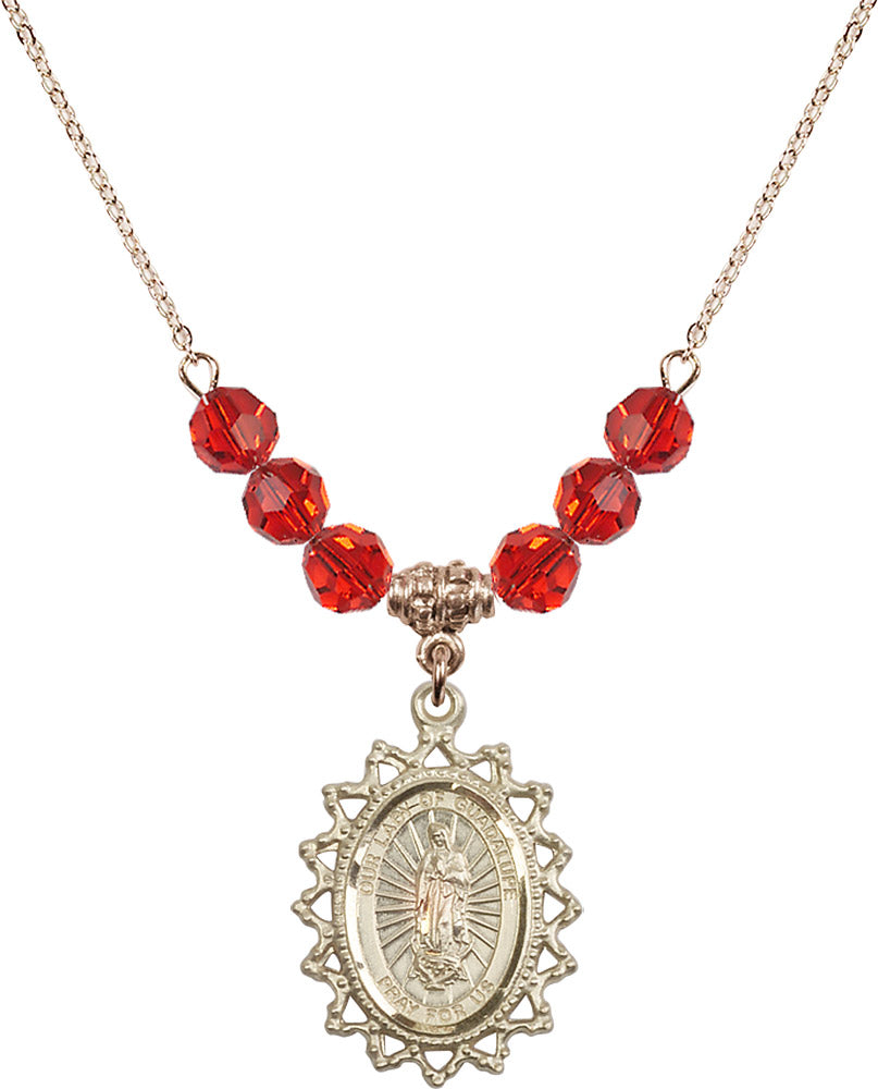 14kt Gold Filled Our Lady of Guadalupe Birthstone Necklace with Ruby Beads - 1619