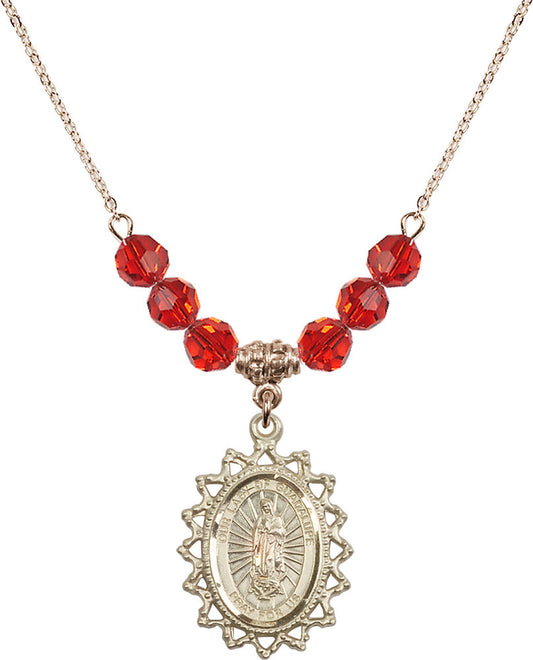 14kt Gold Filled Our Lady of Guadalupe Birthstone Necklace with Ruby Beads - 1619