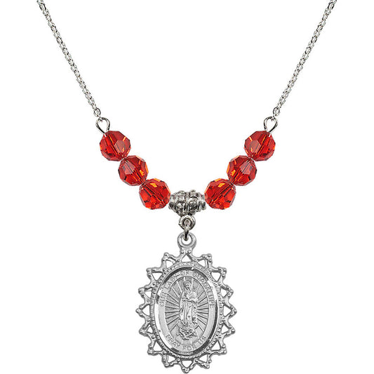 Sterling Silver Our Lady of Guadalupe Birthstone Necklace with Ruby Beads - 1619