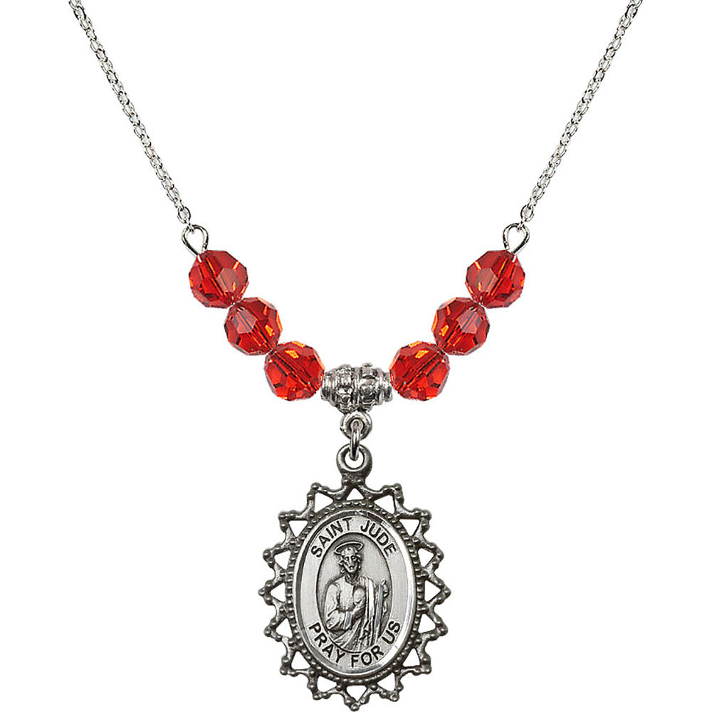 Sterling Silver Saint Jude Birthstone Necklace with Ruby Beads - 1619