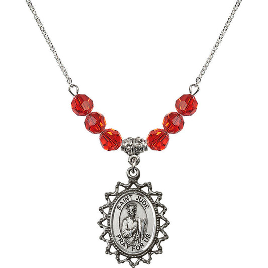 Sterling Silver Saint Jude Birthstone Necklace with Ruby Beads - 1619